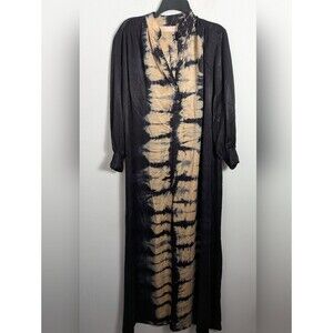 Cali Dreaming Maxi dress Tie Dye navy Tan Lyocell Cupro Back Slit Sz S/ Xs